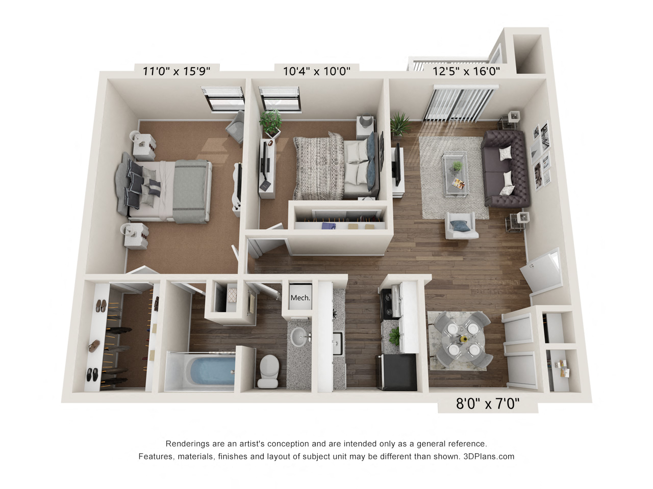 Floor plan for 2 beds, 1 bath, 808 sqft
